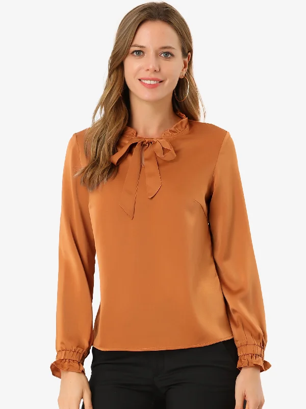 Elegant Ruffle Tie Neck Long Sleeve Work Office Satin Blouse Top Chic Sleeveless Blouse Elegant Ruffle Tie Neck Long Sleeve Work Office Satin Blouse Top Chic Sleeveless Blouse