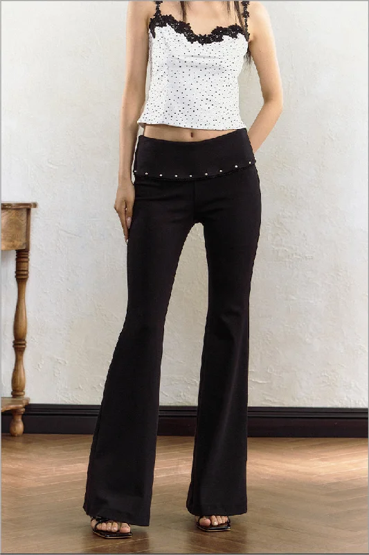 Turned-waist Studded Design Slim Low-waisted Flared Pants AGM0055 Casual Yoga Pants
