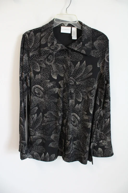 Liz Claiborne Black Tan Floral Dotted Button Down Blouse | L Ruched Sleeve Blouse
