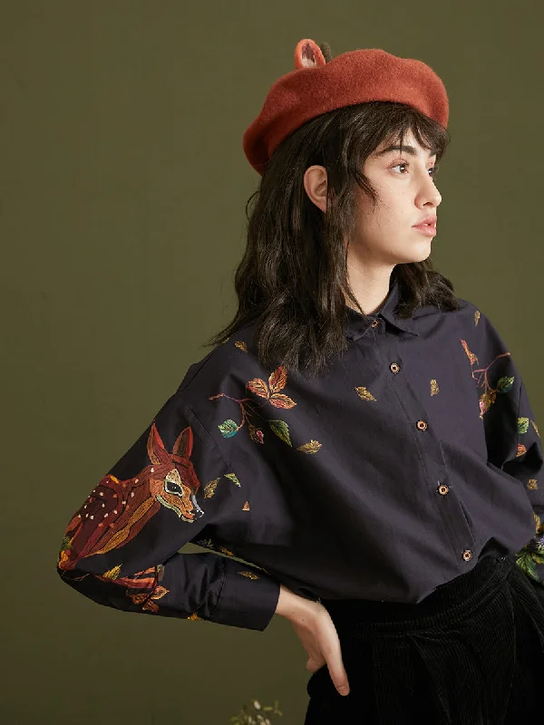 Enchanted Forest Deer Embroidered Blouse Puff Sleeve Blouse