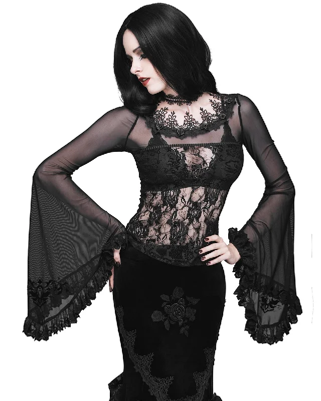 Eva Lady Gothic Rose Lace & Flocked Mesh Flare Sleeve Blouse Top Satin Drape Blouse