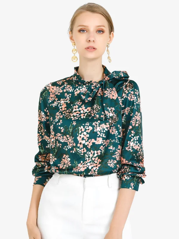 Bow Tie Neck Puff Sleeve Floral Elegant Work Top Blouse Subtle Shimmer Blouse