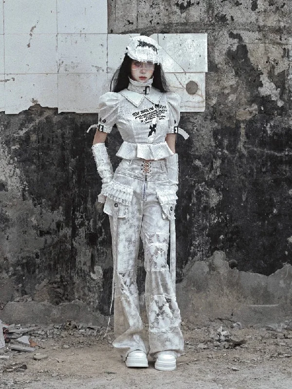 Punk Text Print Puff Sleeve Blouse with straps and ruffled waist detail Collared Satin Blouse