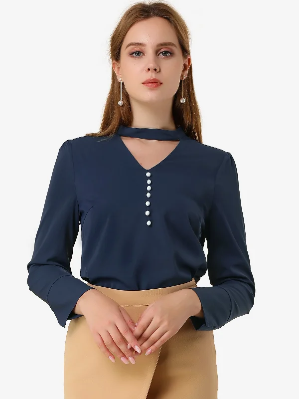 Choker Neck Cutout Button Decor Long Sleeve Chiffon Work Blouse Embellished Collar Blouse Choker Neck Cutout Button Decor Long Sleeve Chiffon Work Blouse Embellished Collar Blouse