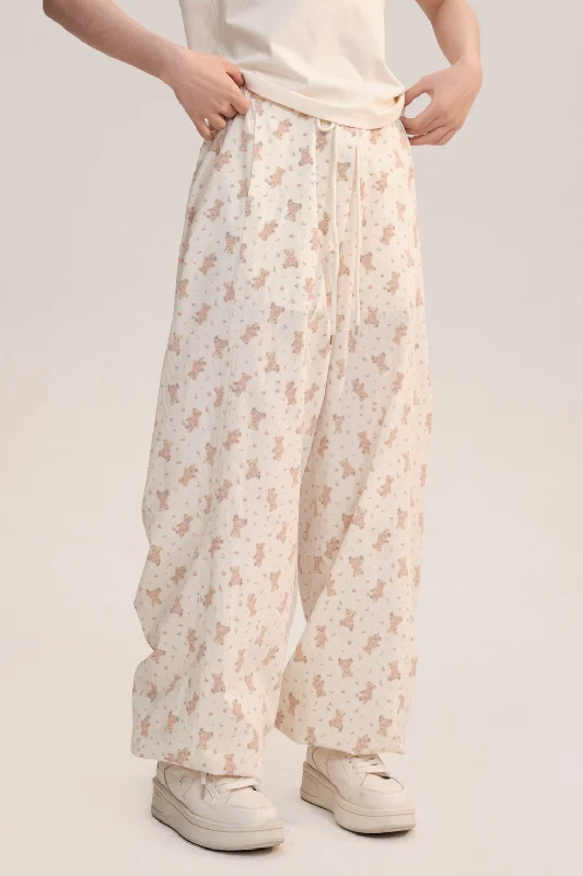 Bear Printed Workwear Straight Pants AOO0010 Formal Linen Trousers