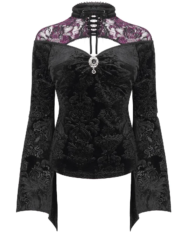 Eva Lady Womens Baroque Velvet Damask & Lace Blouse Top - Black & Purple Elegant Embroidery Blouse