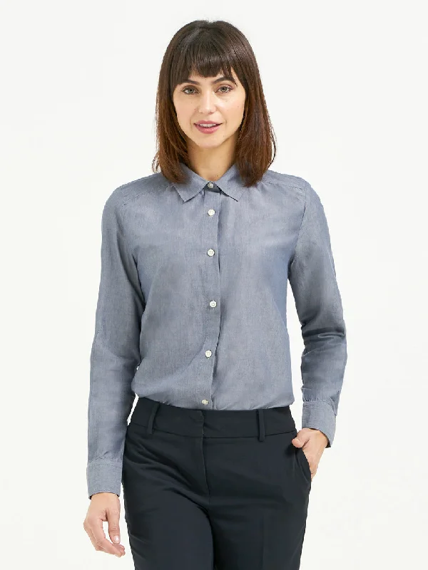 Ladies' Essential Blouse - Blue Chambray Puff Sleeve Blouse