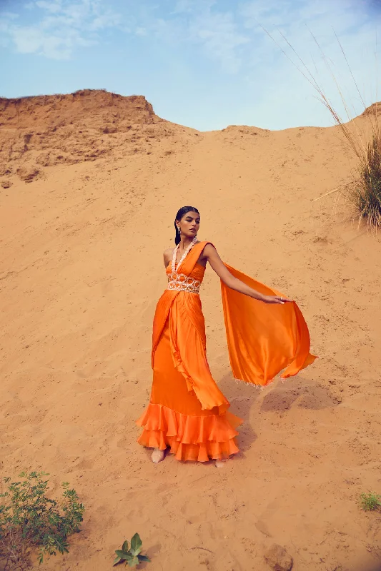 Ruffled Saree With A Halter Neck Blouse Modern Work Blouse