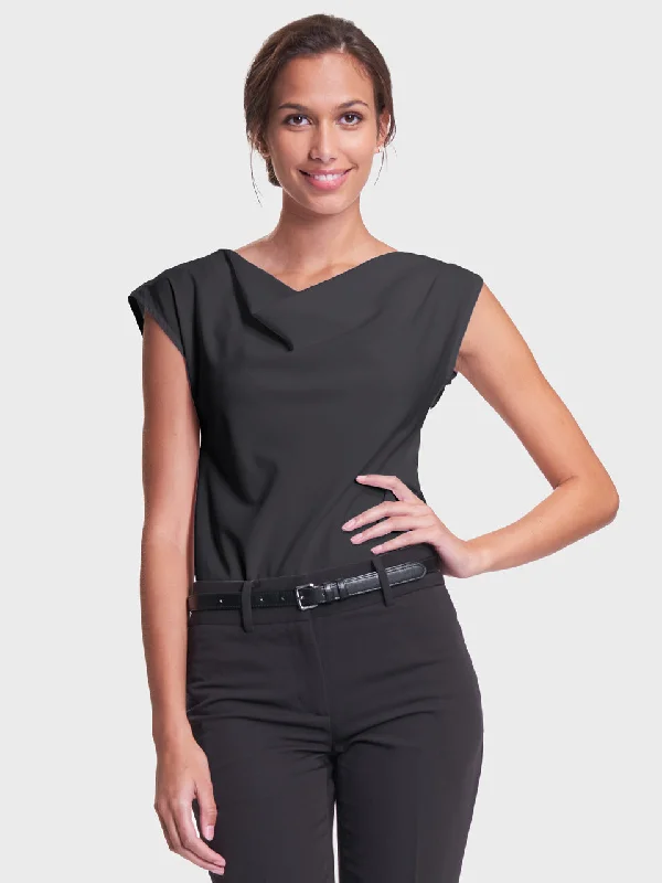 Ladies' Cowl Neck Blouse - Black Stretchy Fitted Blouse
