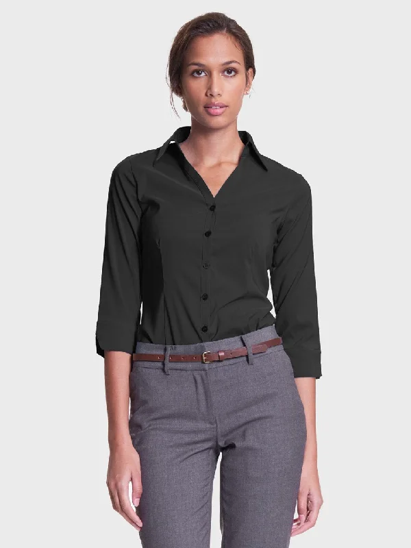 Ladies' Perfect Blouse Three Quarter Sleeve - Black Satin Long Blouse
