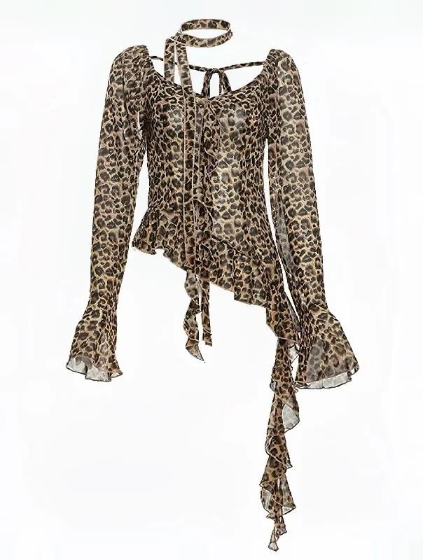 Wild Leopard Mesh Blouse Sheer Mesh Blouse