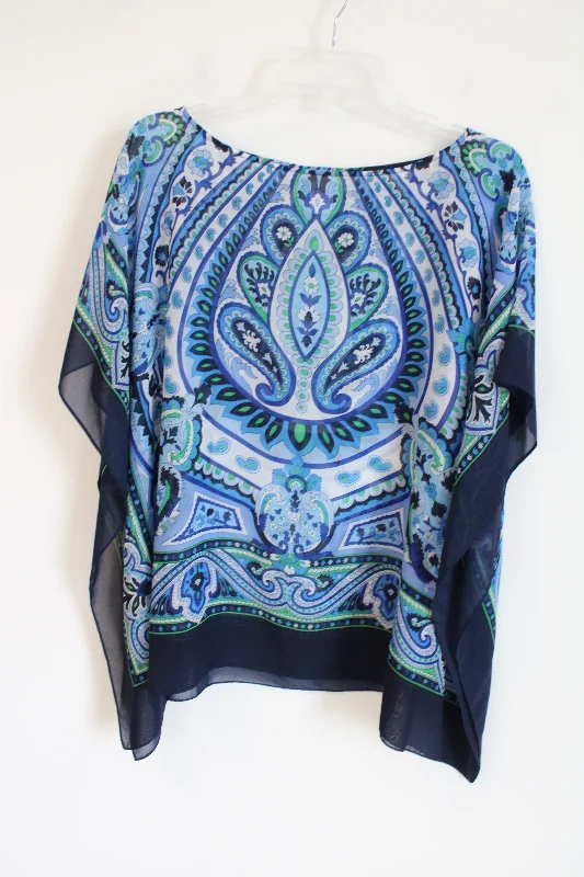 Talbots Blue Paisley Poncho Style Blouse | S/M Chic Ruffle Blouse
