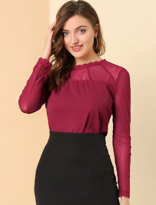 Lace Mesh Long Sleeve Top Round Neck Casual Elegant Blouse Chic Wrap Blouse