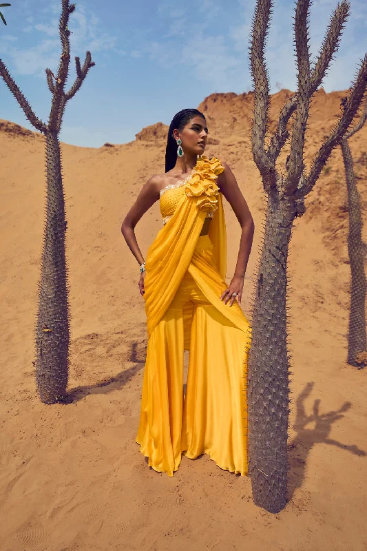 Draped Saree With Cones On Palla And One Shoulder Blouse Office Formal Blouse