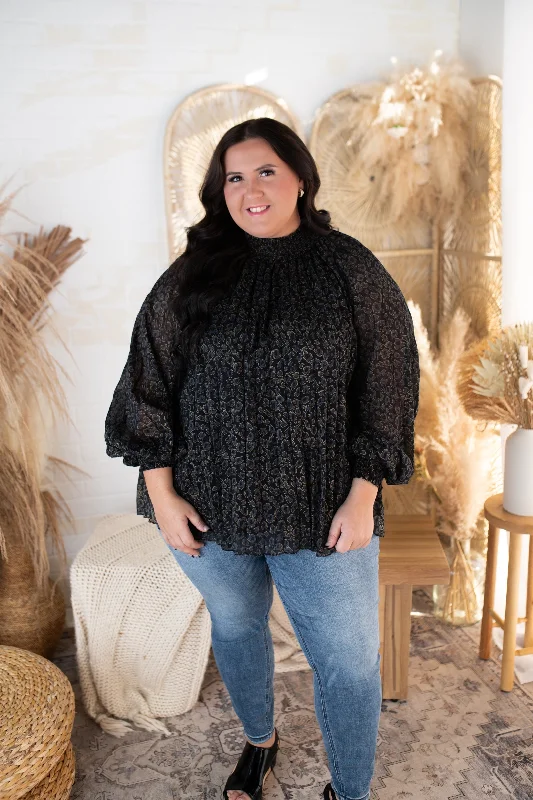 Black Animal Print Smocked Mock Neck Blouse Airy Cotton Blouse