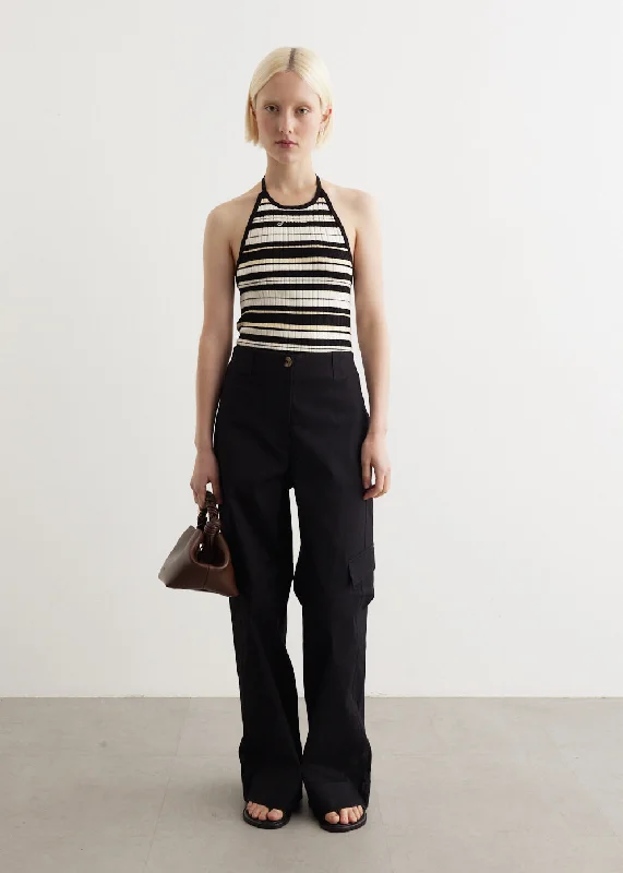 Herringbone Canvas Mid Waist Pants High-Waist Trousers