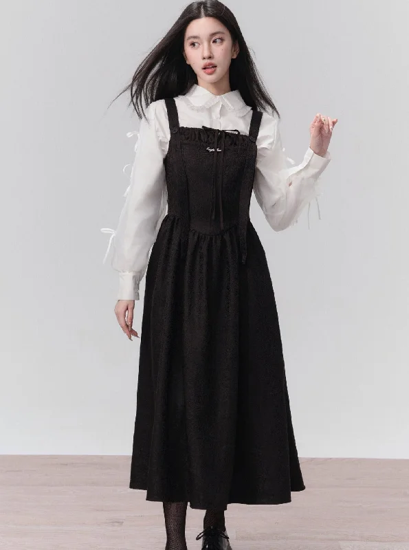 Romantic Contrast: Ruffled White Blouse and Black Midi Sundress Set Asymmetric Hem Blouse Romantic Contrast: Ruffled White Blouse and Black Midi Sundress Set Asymmetric Hem Blouse