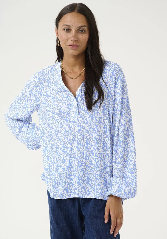 Kaffe Mathilde Abstract Print Blouse, Blue Bell Sleeve Blouse