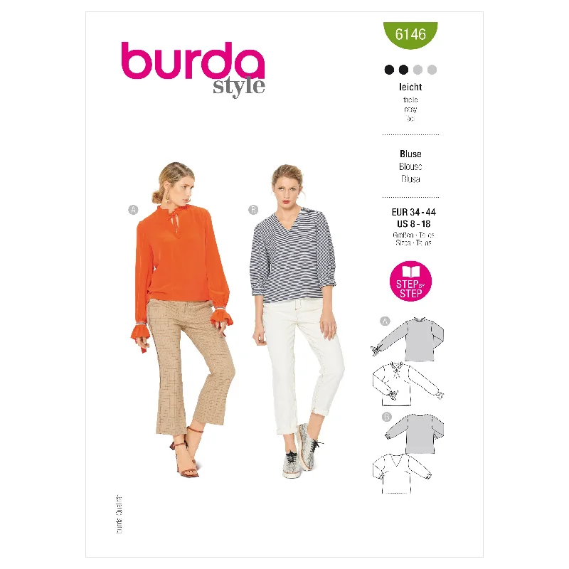 Burda Pattern 6146 Misses' Blouse Collared Satin Blouse