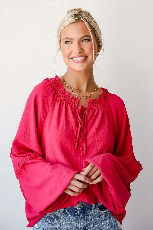 FINAL SALE - Adorable Impact Fuchsia Blouse Silky Draped Blouse