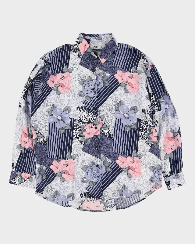 Blue And Pink Patterned Blouse - L Feminine Satin Blouse