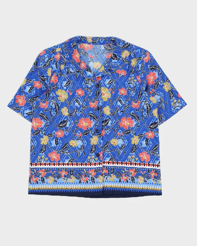 Blue Floral Patterned Short Sleeve Blouse - M Peter Pan Blouse