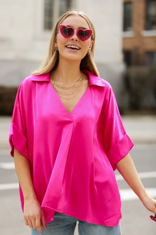 FINAL SALE - Captivating Presence Hot Pink Satin Blouse Vintage Lace Blouse