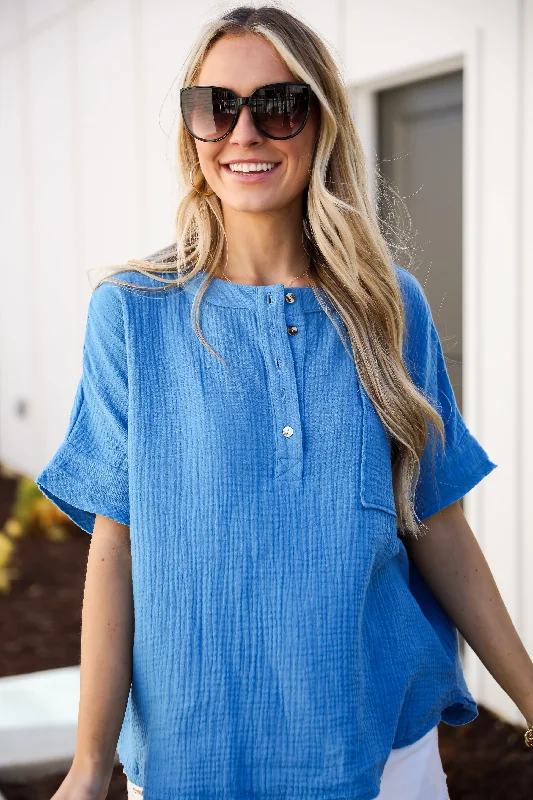 FINAL SALE - Effective Aura Blue Linen Blouse Casual Button Blouse