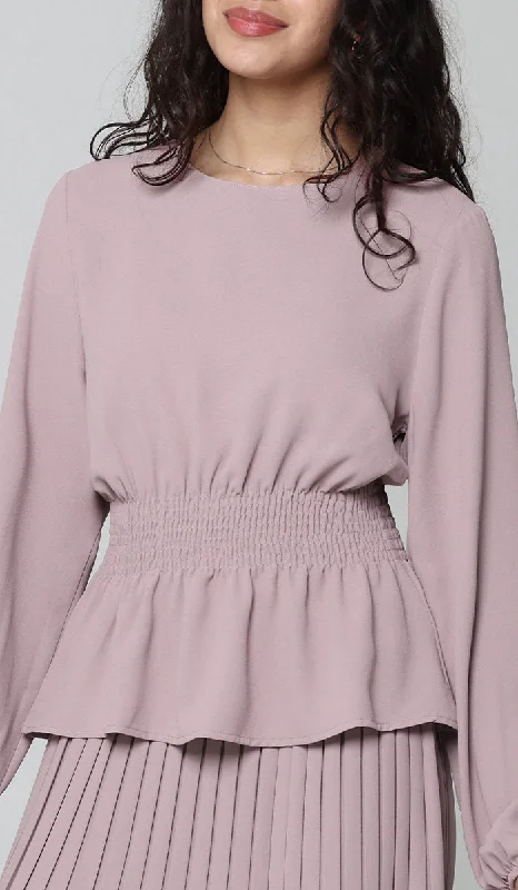 Lulu Modest Essential Peplum Blouse - Dusty Rose Satin Bow Blouse