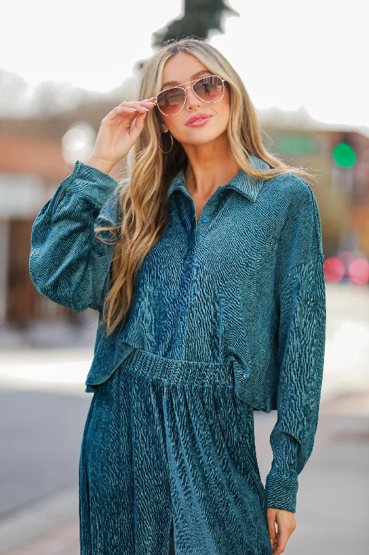 FINAL SALE - Luxurious Dream Teal Velvet Plisse Blouse Sheer Mesh Blouse