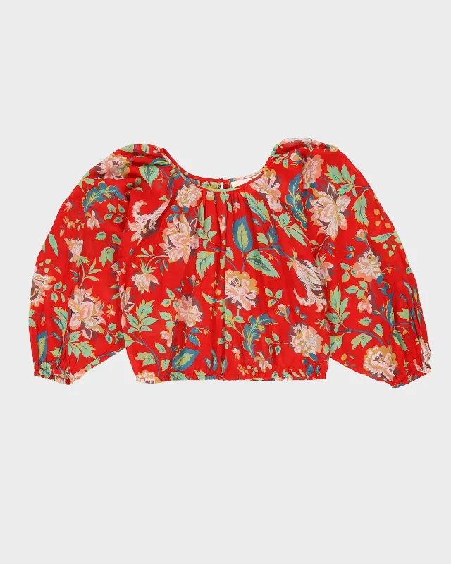 Maeve Red Floral Smock Blouse - M Satin Long Blouse