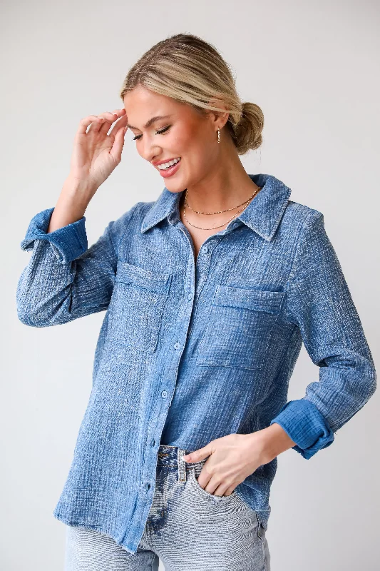 FINAL SALE - Morgan Denim Linen Button-Up Blouse - DU DEAL Cotton Casual Blouse