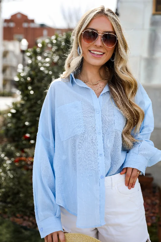 FINAL SALE - Official Trendsetter Pinstripe Oversized Button-Up Blouse Chic Wrap Blouse