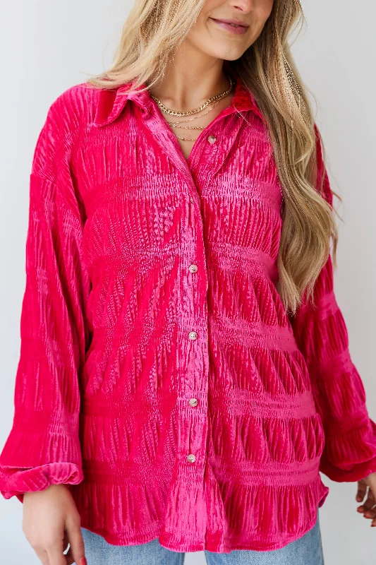 FINAL SALE - Perfectly Dramatic Fuchsia Velvet Button-Up Blouse Casual Button Blouse