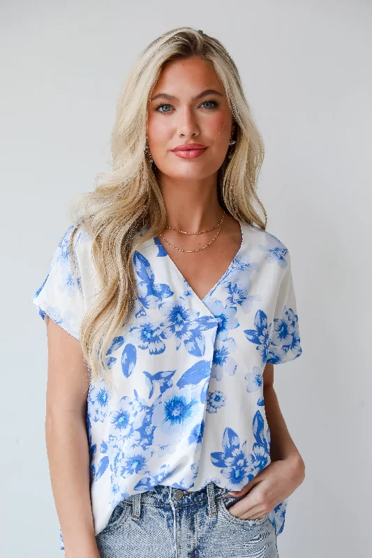 Precious Blossoms Blue Floral Blouse - DU DEAL Feminine Tie Blouse