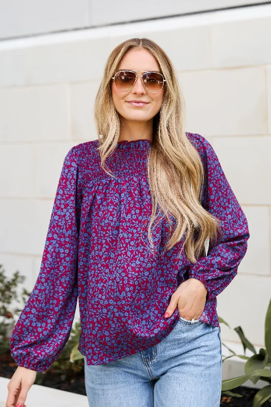 FINAL SALE - Radiantly Cute Burgundy Smocked Floral Blouse Business Casual Blouse