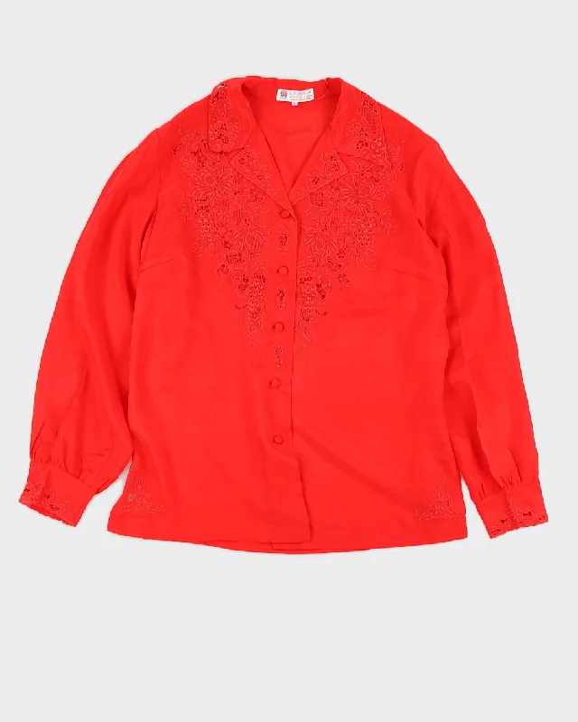 Red Silk Embroidered Long Sleeve Blouse - S Slim Fit Blouse