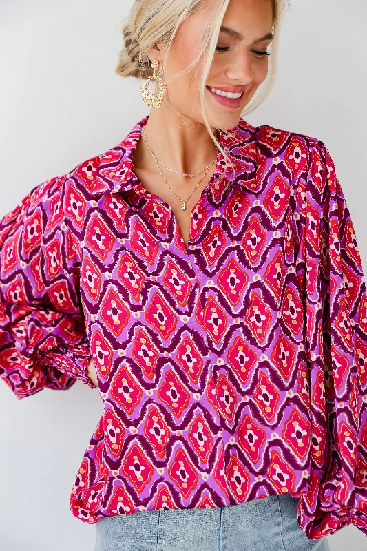 FINAL SALE - Sensational Fate Fuchsia Satin Blouse High Neck Blouse