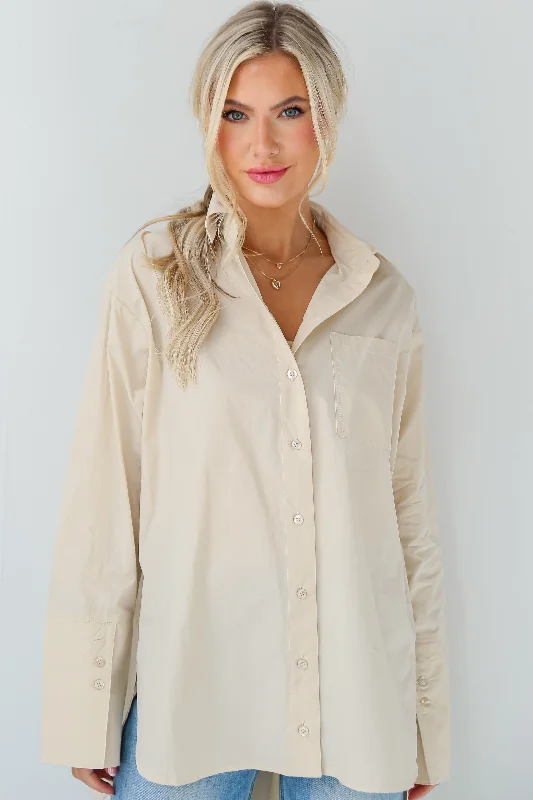 FINAL SALE - Sleek Mindset Khaki Button-Up Blouse Collared Satin Blouse