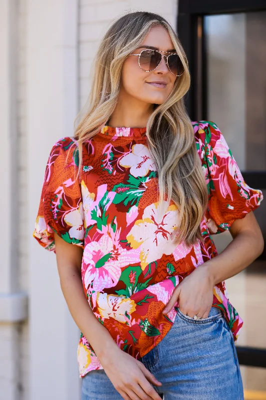 FINAL SALE - Sunny Match Fuchsia Floral Blouse Puff Sleeve Blouse