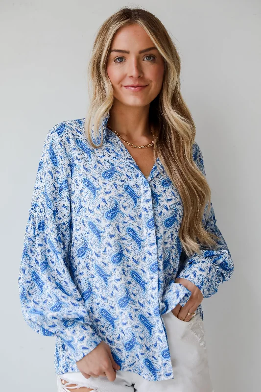 FINAL SALE - Truly Delightful Blue Paisley Blouse Satin Long Blouse