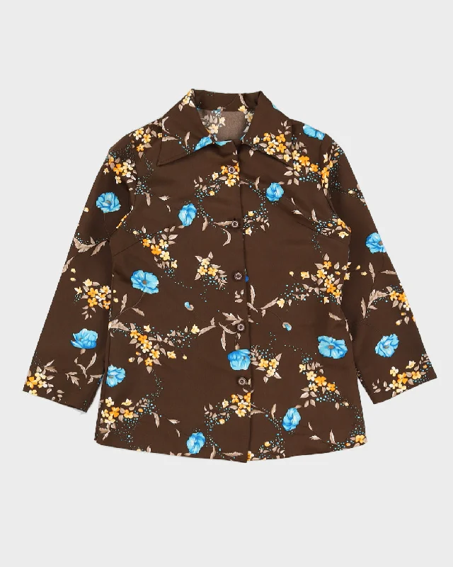 Vintage 1970s Brown Floral Pattern Blouse - M Delicate Pleat Blouse