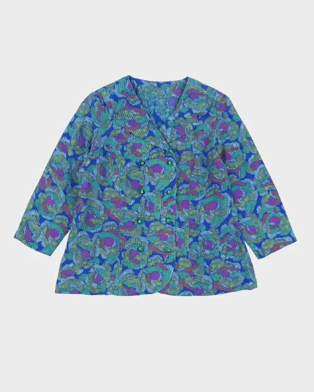 Vintage 1980s Blue Silk Patterned Blouse - S Casual Button Blouse