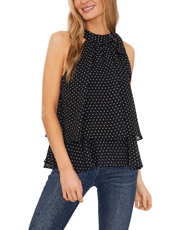 Women's Polka Dot Double Layer Sleeveless Halter Blouse Embroidered Cotton Blouse