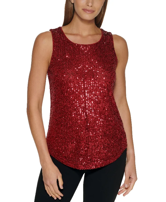 Women's Sequined Sleeveless Crewneck Blouse Versatile Layering Blouse