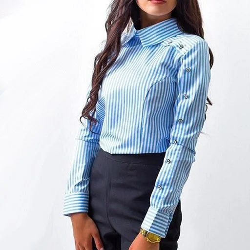 New Fashion Long sleeve Button Casual Women tops and Blouses Sleeve Turn Down Collar Shirt Vintage Tops stripe Smart Business Blouse