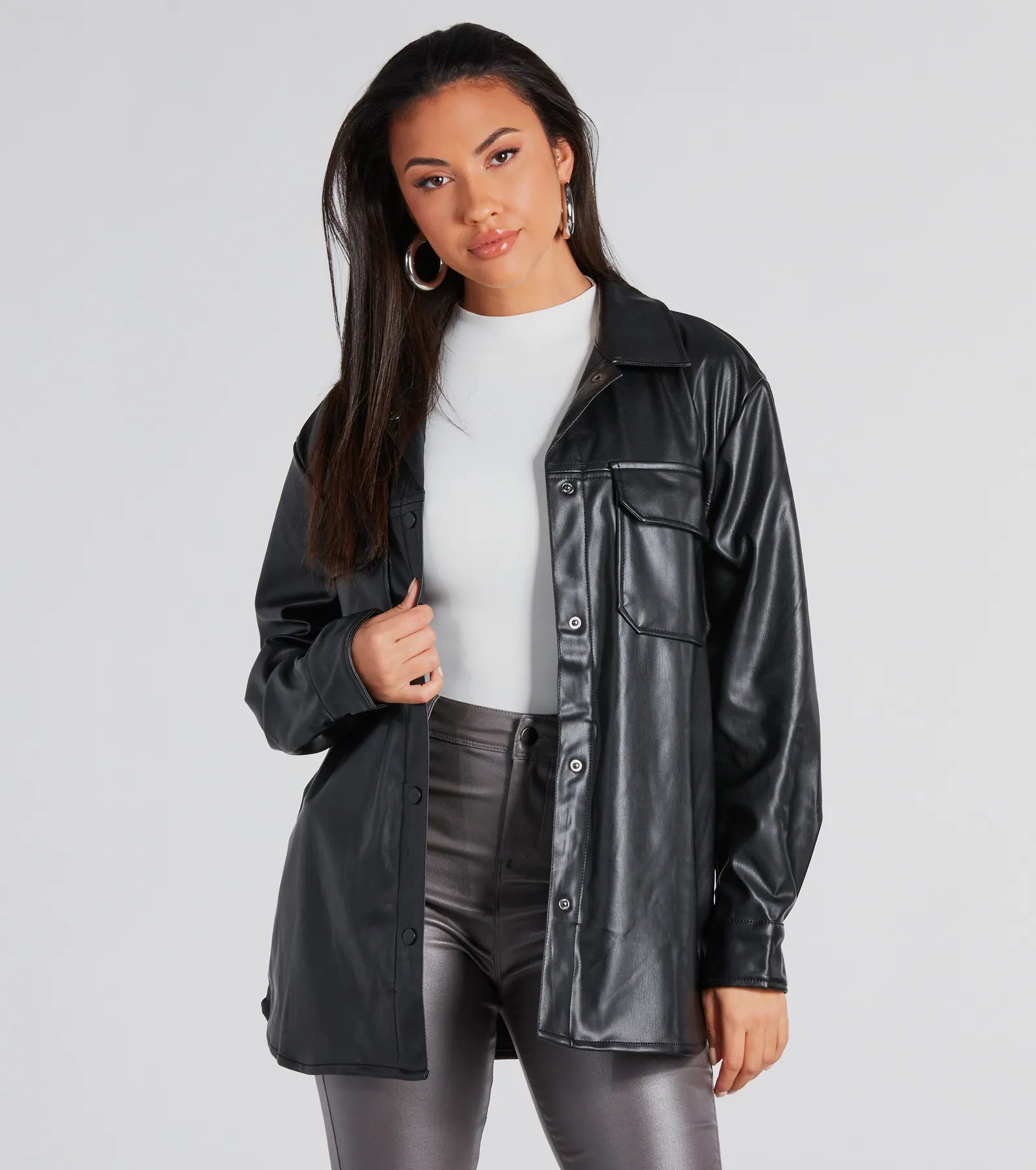 Cool-Girl Moment Long Faux Leather Shacket Polished Work Blouse