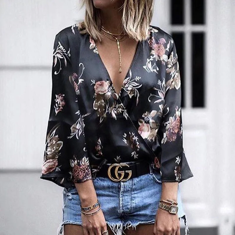 Summer V Neck Casual Shirt Tops Women Clothes Fashion Print Flare Sleeve Womens Tops And Blouses Harajuku Blouse Soft Modal Blouse