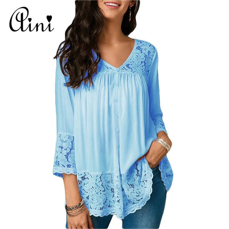 Plus Size 5XL Women Tops and Blouse 2022 Autumn Three Quarter Sleeve Lace Patchwork Solid Blouses Female Casual Loose Shirt Top Embellished Collar Blouse