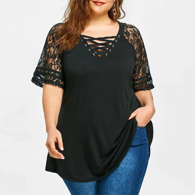 Women Lace Shirt 2022 Summer Sexy V Neck Short Sleeve Casual Loose Blouses Patchwork Bandage Black Tee Tops Plus Size Hollow Out Flowy Bohemian Blouse